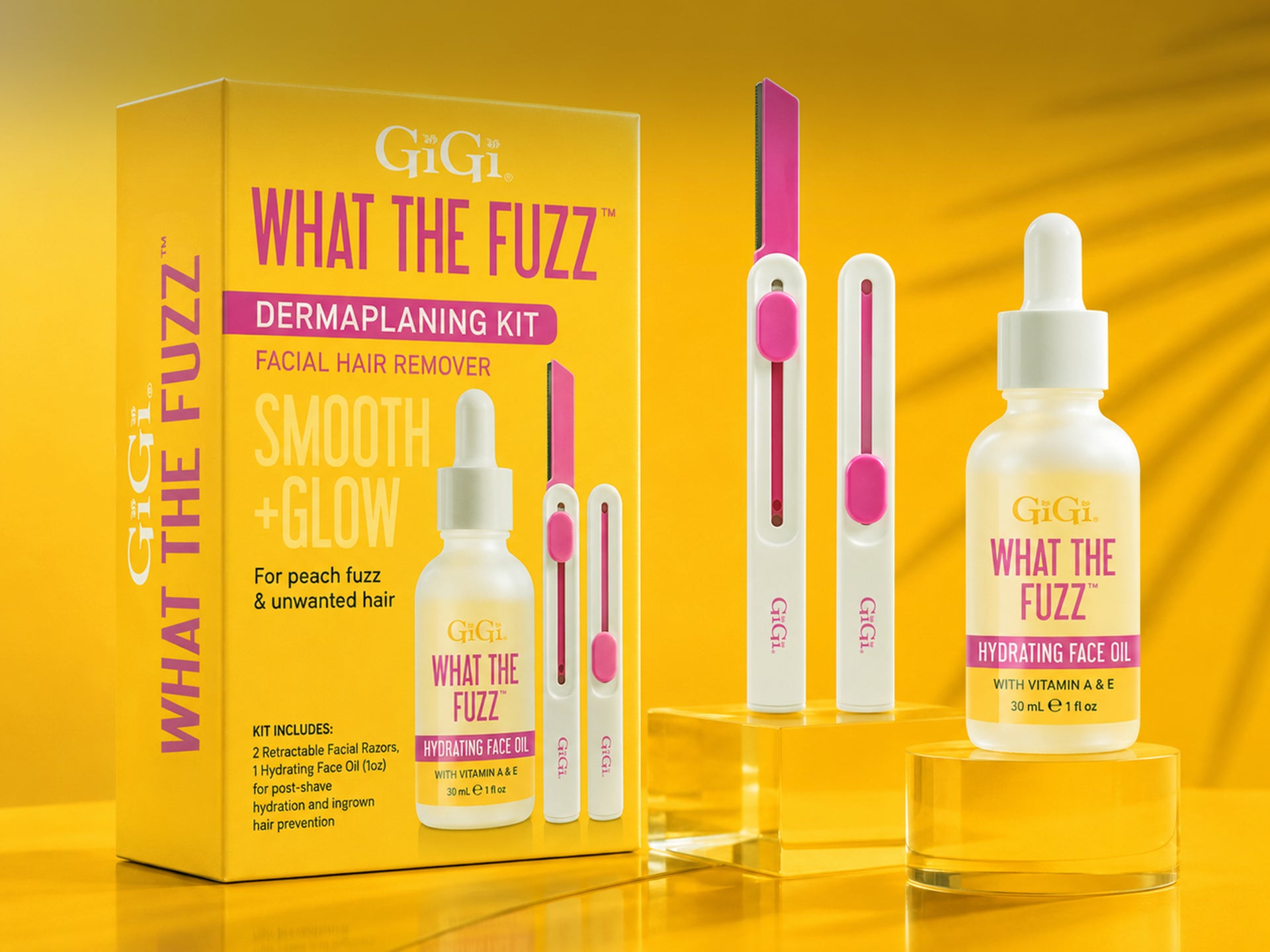 GiGi What The Fuzz dermaplaning kit featuring facial razors, hydrating face oil, and product packaging on a bright yellow background.